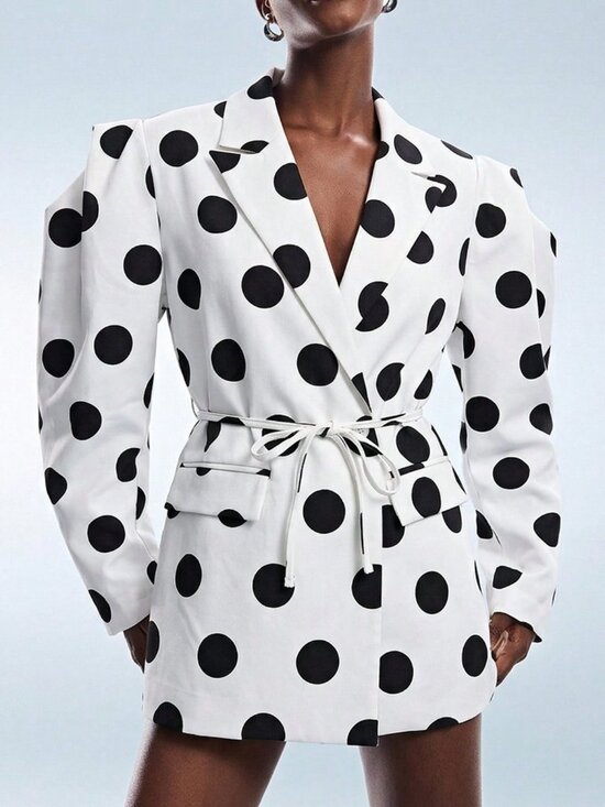 MODA ME COUTURE Jackets & Blazers - Black White Elegant Women's Polka Dot Oversized Structured Cinched Waist Blazer